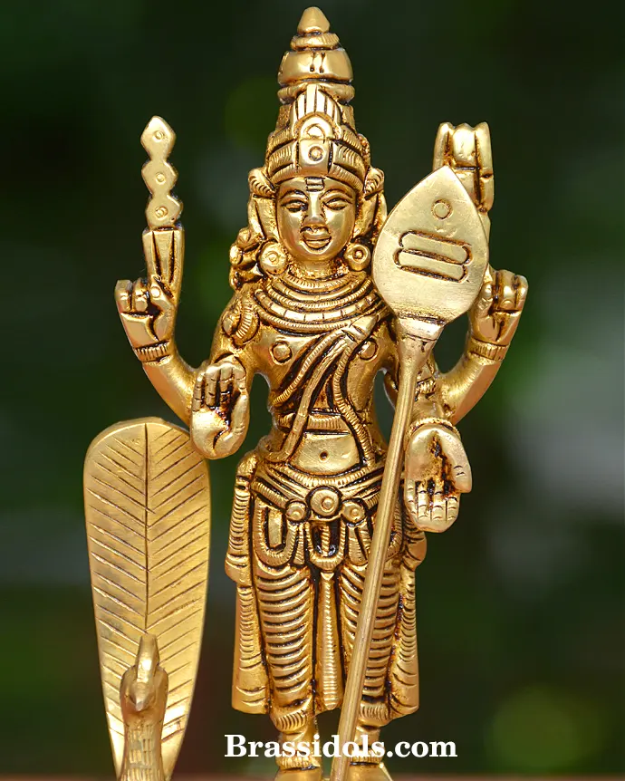 Charming Murugan with Mayil and Vajrayudham Brass Idol - 6 Inches - image 2