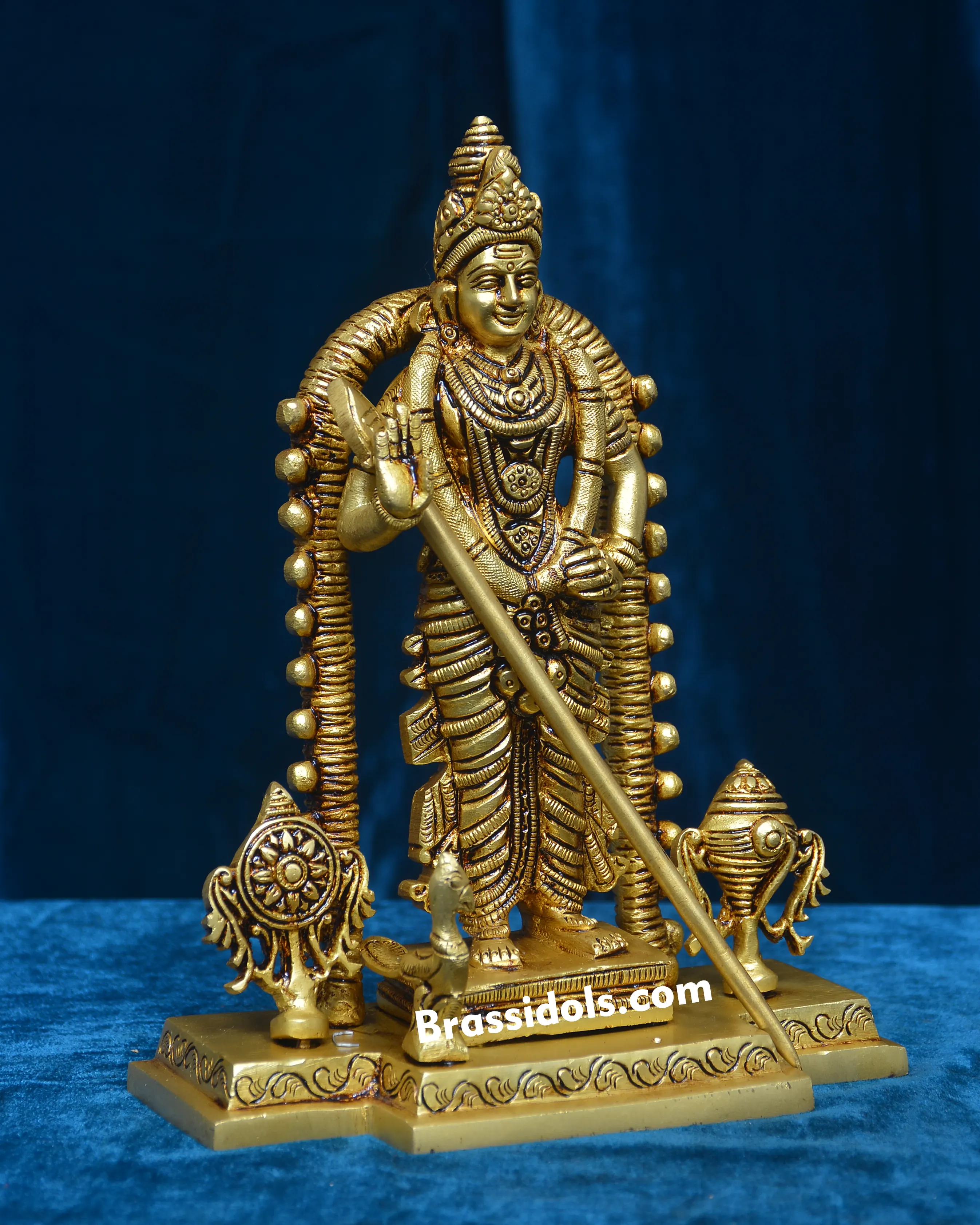 Charming Murugan with Mayil and Sangu Chakkaram Brass Idol - 8 Inches - image 2