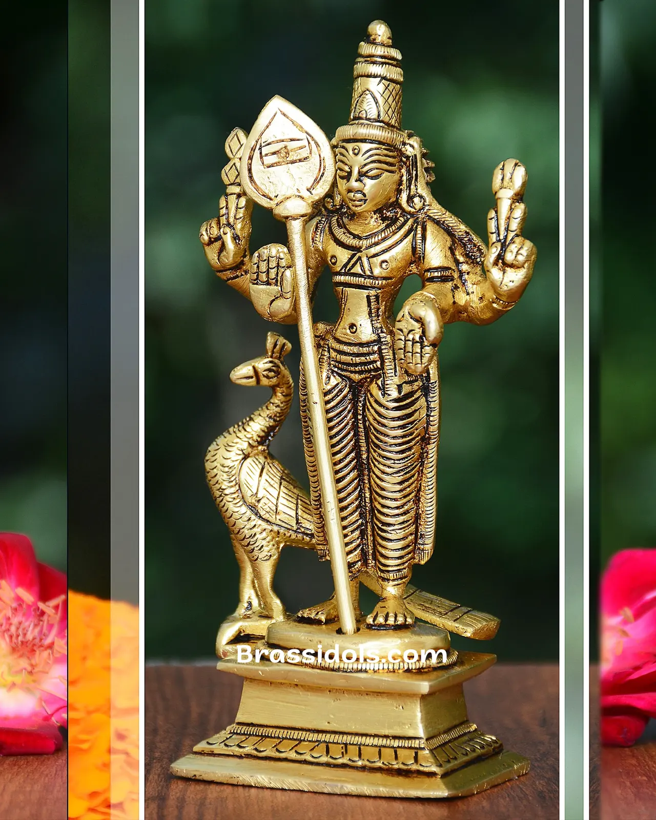 Devotional Murugan with Peacock & Vajarayutham Brass Idols - 5 inches - image 2