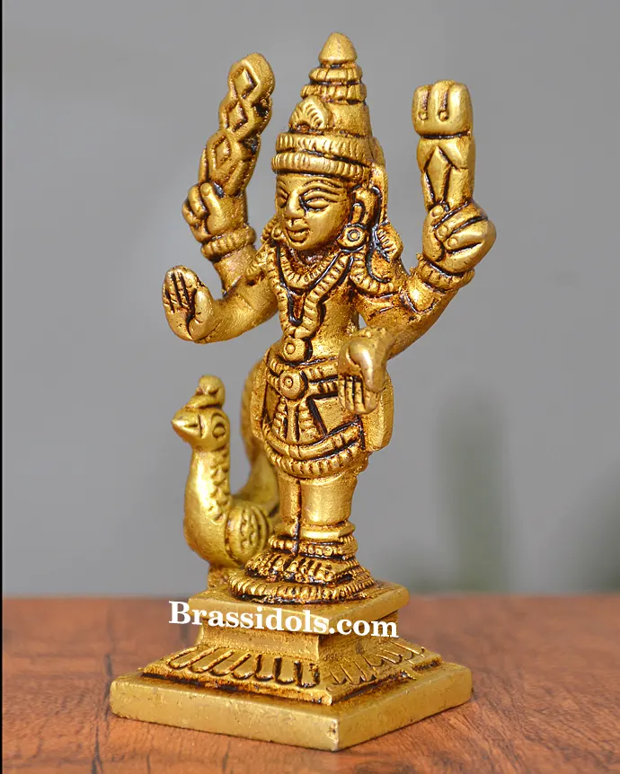 Majestic Murugan with Mayil and Vajrayudham Brass Idol - 3 Inches - image 2
